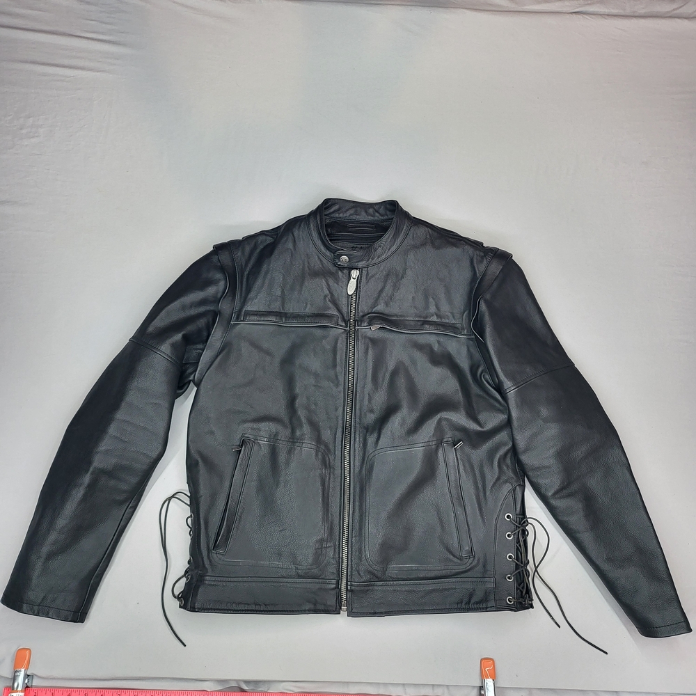 Men's Black Motorcycle Leather Jacket with Lace-Up Sides and Removable Sleeves